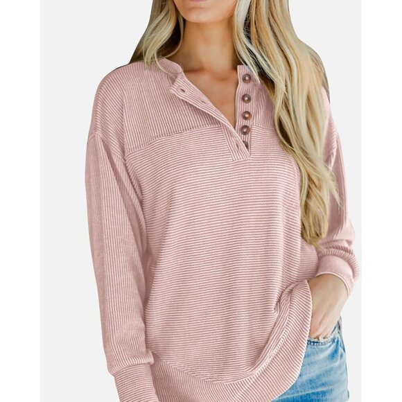 Women Long Sleeve Ribbed Henley Top Button V Neck Casual Tunic Size Large - Picture 4 of 5